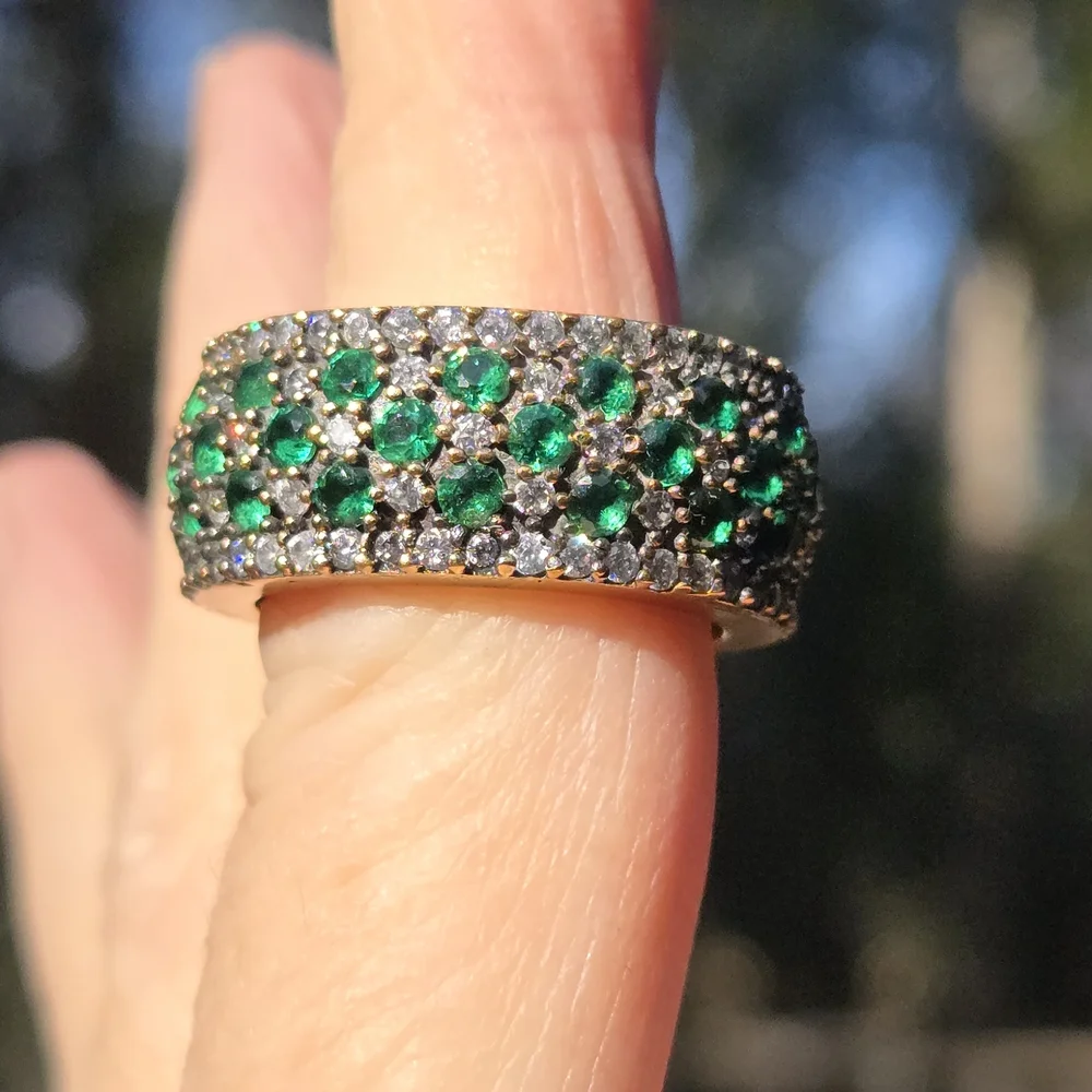 Emerald & White Topaz Eternity Stetling & Gold Ring Sz8 - Picture 3 of 7